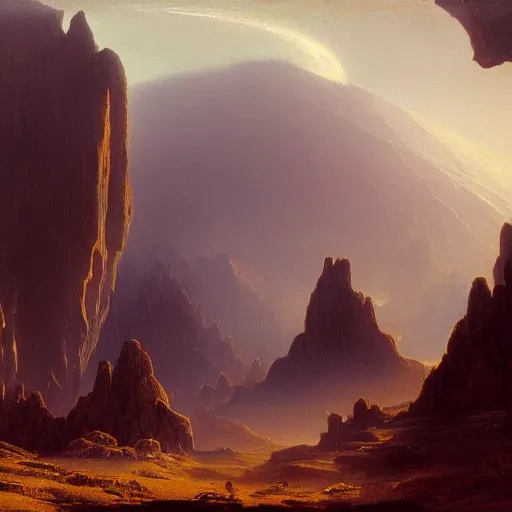 Prompt: A landscape from an alien exoplanet, monsters in the background, trending on artstation, by Albert Bierstadt