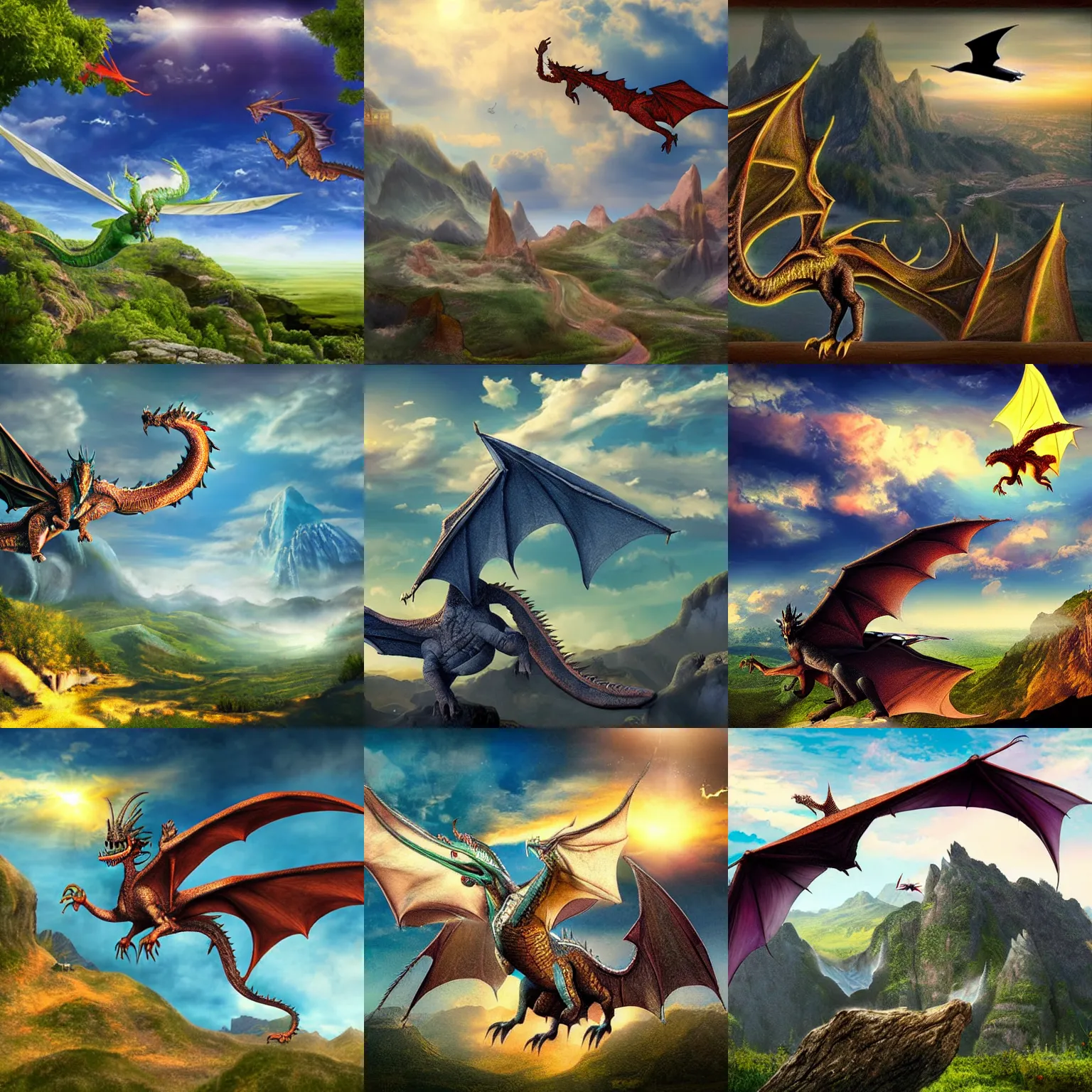 Prompt: really badly photoshopped scenic vista art with a really badly photoshopped dragon flying in the very badly photoshopped sky