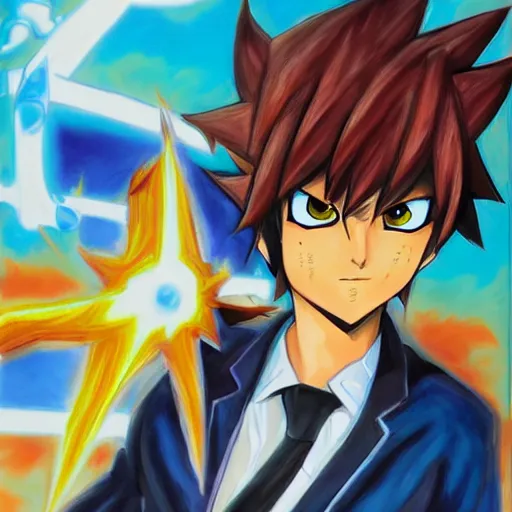 Prompt: Trending on artstation, Nick Walton from Yu-Gi-Oh, in the style of Kazuki Takahashi, oil on canvas