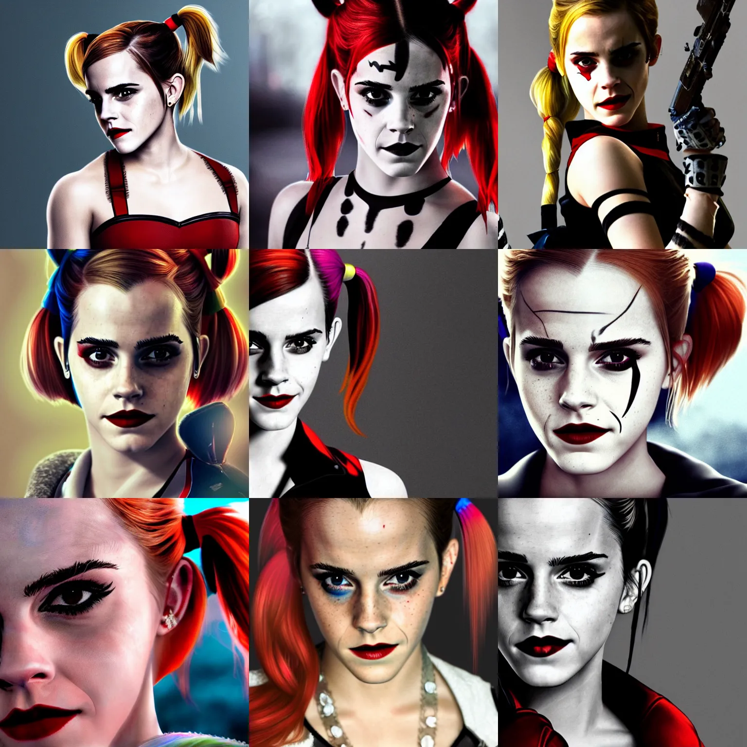 Prompt: emma watson as harley quinn, photorealistic art, intricate detailing, high definition, cinematic lighting