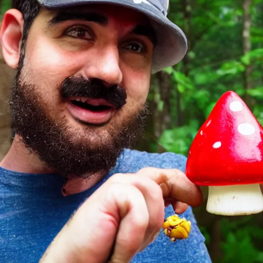 Image similar to photo of real life mario finding a giant amanita muscaria, exhilarated, portrait, closeup. mouth open, 3 0 mm, bokeh