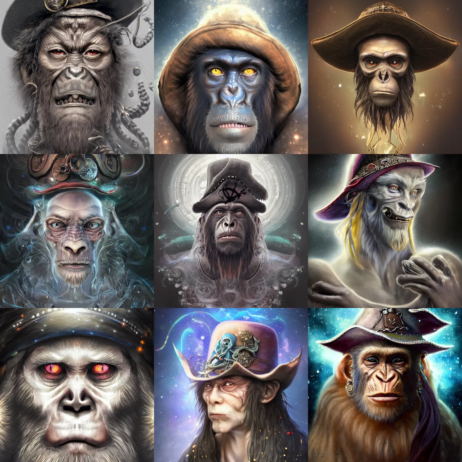 Image similar to a wlop 3 d render of very very very very highly detailed beautiful mystic portrait of a young ghost ape pirate in a hat with whirling galaxy around, tattoos by anton pieck, intricate, extremely detailed, digital painting, artstation, concept art, smooth, sharp focus, illustration, intimidating lighting, incredible art,