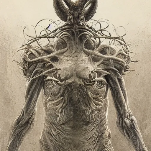 Prompt: a masterpiece! full body photographic portrait of an alien beast!! with seven heads!! and ten horns!! on a city street by gustave dore and sam spratt and allen williams, trending on artstation, cgsociety, 8 k hd, earthtone colors,