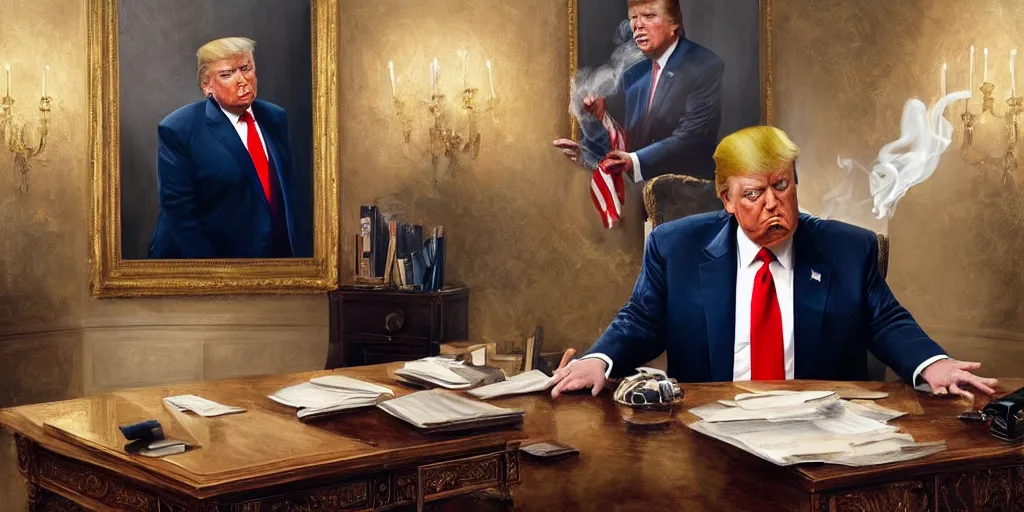 Prompt: beautiful oil matte portrait painting, mafia boss donald trump smoking at white house office desk, wonderful masterpiece highly detailed, beautiful cinematic light deep focus, elegant, digital painting, smooth, sharp focus, golden ratio, dramatic illumination, ultra realistic, 8 k, art by jimmy law