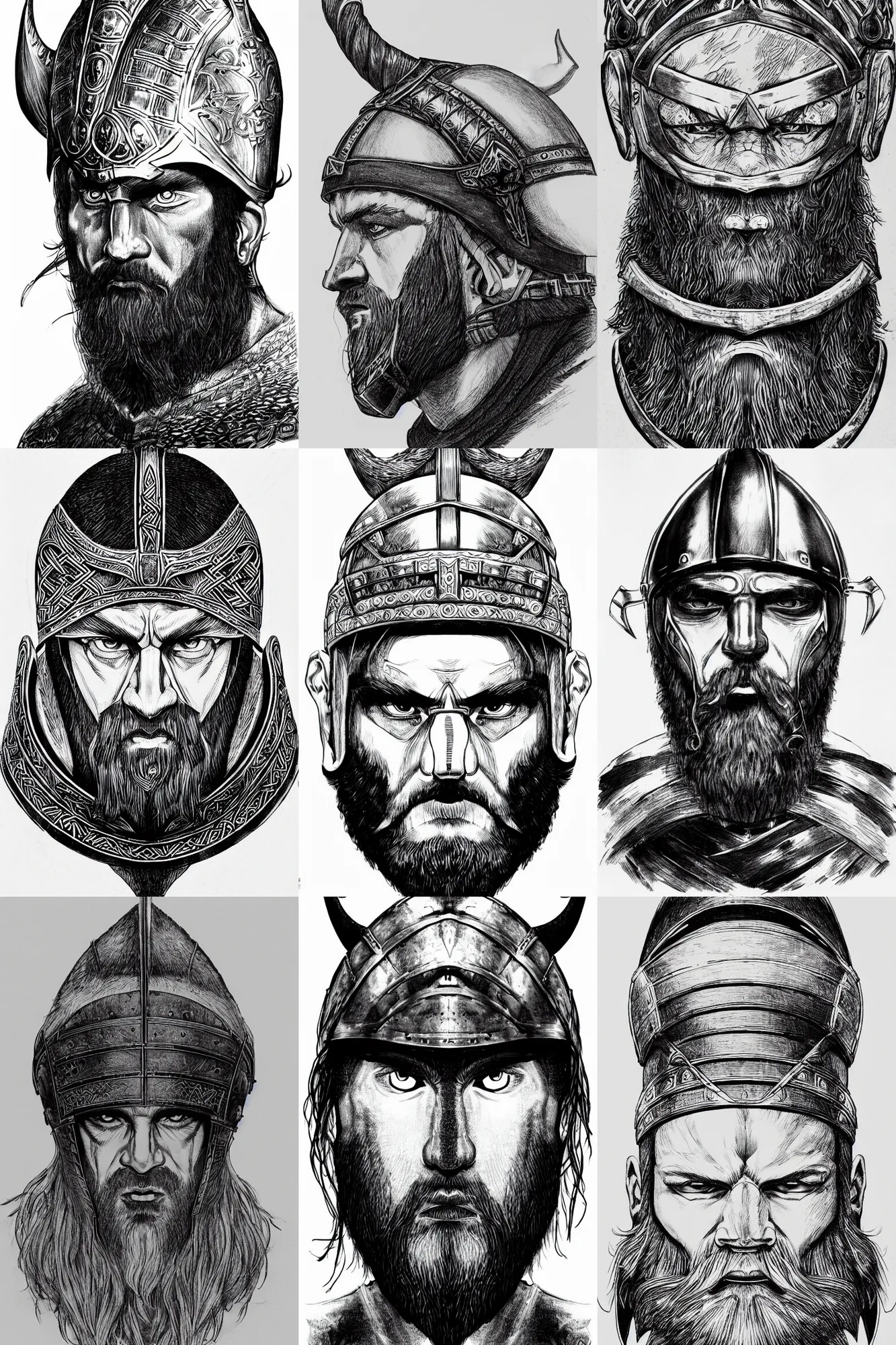 Prompt: detailed black ink drawing a head of a beared viking wearing helmet, white background, front face symmetrical, trending on artstation by hiroaki samura