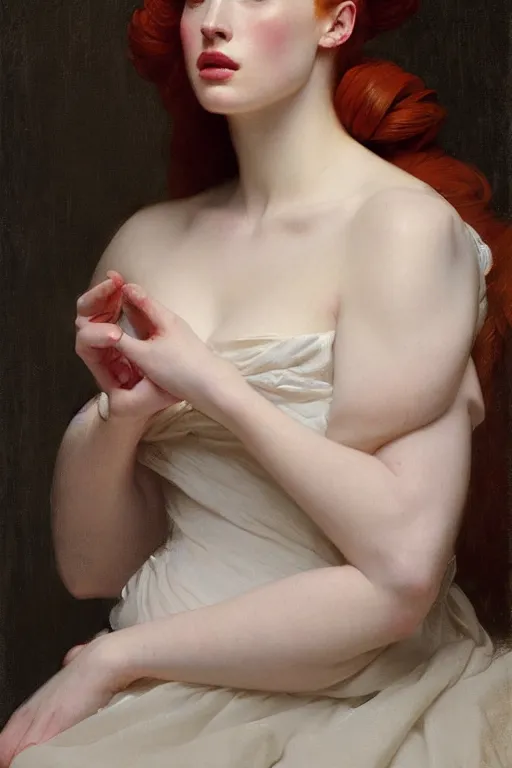 Prompt: portrait en buste Madelaine Petsch in 1800s dress by Roberto Ferri, by Jeremy Lipking, Realism, abundant detail,