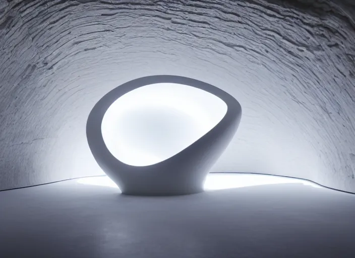Image similar to white perfume bottle on a circular platform in the centre of an abandoned zen white cave full of geodes, beautiful curves, golden ratio, epic lighting, unusual composition, 4 k, zaha hadid, irakli nadar