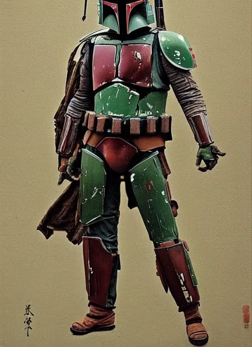 Image similar to boba fett in a samurai japanese version, very detailed oil painting, dark and realistic, japanese art art