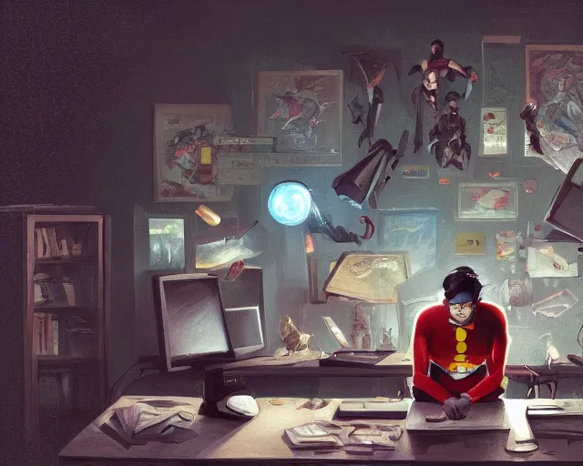 Image similar to an insanely detailed painting of a nerdy asian man wearing a superhero costume, sitting at a desk, staring at the nervously at the computer and typing, in the style of peter mohrbacher, dramatic lighting and composition, octane render, pixar, trending on artstation, concept art, comic book, view from behind