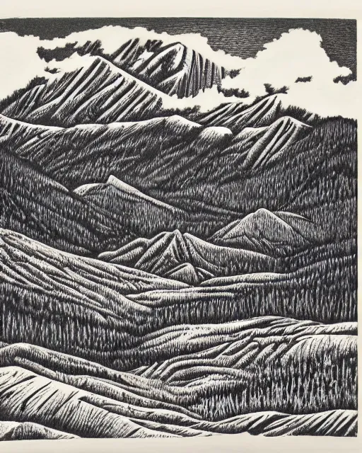 Prompt: an award winning Wood engraving on paper of The Canadian mountains