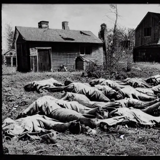 Prompt: a ww 2 picture of a pile of dead body's infront of a farm house, highly realistic, very detailed, taken on a ww 2 camera.