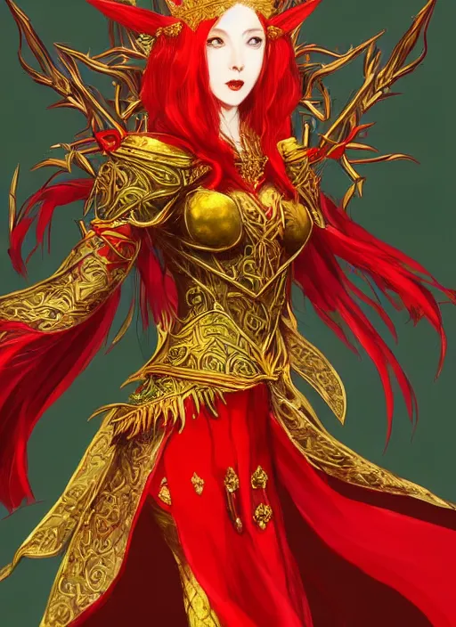 Image similar to Full body portrait of a beautiful red haired elven queen wearing red, green and gold ceremonial queen dress and elaborate golden crown. In style of Yoji Shinkawa and Hyung-tae Kim, trending on ArtStation, dark fantasy, great composition, concept art, highly detailed.