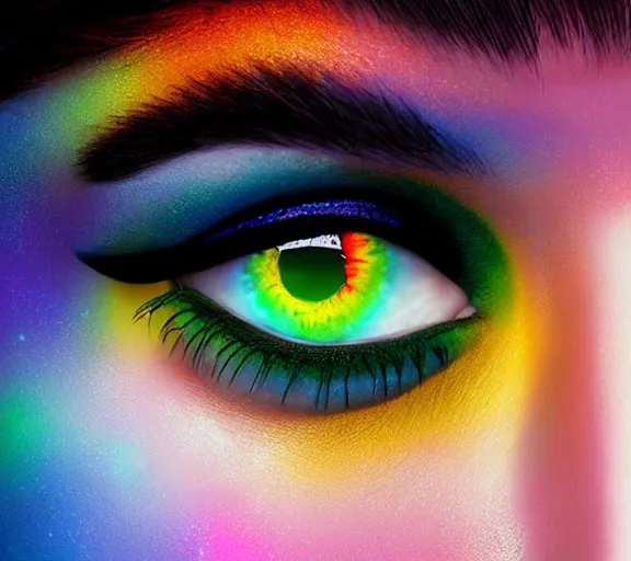 Prompt: extremely beautiful young man with hyperealistic glossy rainbow eyes, digital art, vivid background seductive look.