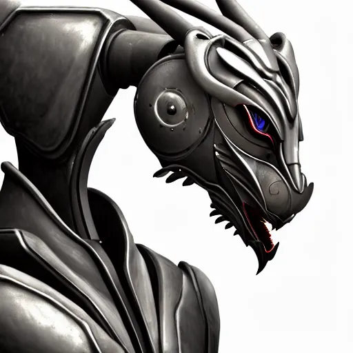 Image similar to close up bust of a cute stunning robot anthropomorphic female dragon, with sleek silver armor, wearing headphones made of wood, detailed digital art, furry art, warframe art, destiny art, high quality, 3D realistic, Furaffinity, Deviantart