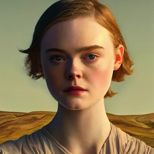 Prompt: Elle Fanning in the painted world of Ex Machina, head and shoulders masterpiece, apocalypse, golden hour, cosmic horror, artstation, in the style of Andrew Wyeth and Edward Hopper and Bosch, extremely detailed
