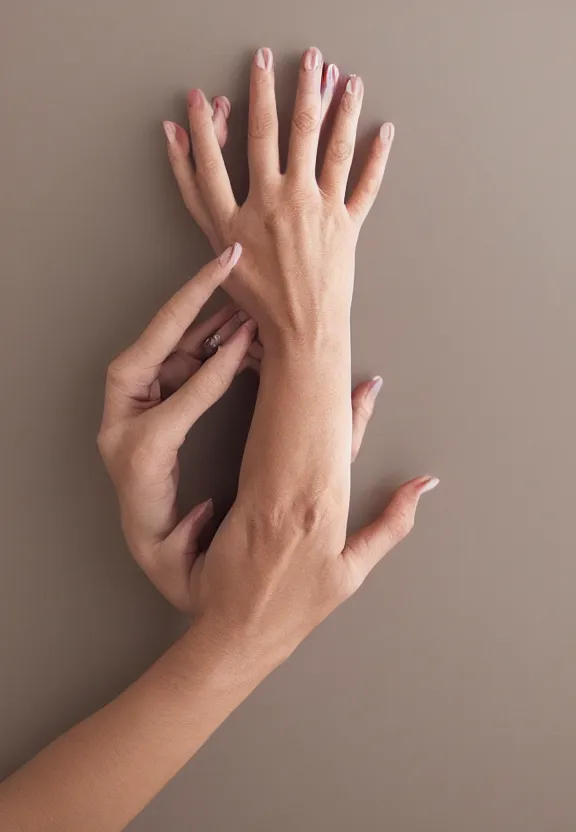 Prompt: a photo of one ultra detailed photorealistic woman's hand with palm up, back of hand on the table, palm pattern visible, instagram photo, studio photo, 9 0 mm, f / 1. 4