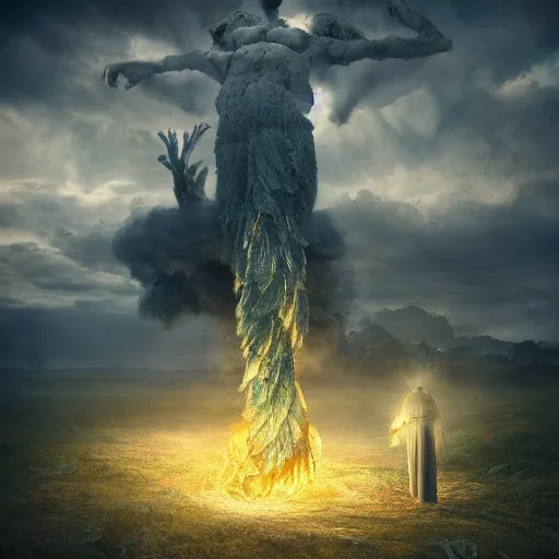 Prompt: Editorial Masterpiece extremely realistic Arcane elemental High Orders Nephilim Virtues figure infused with coalesced fantasy crystalline Magical fire by Erik Johansson, perfect crisp light