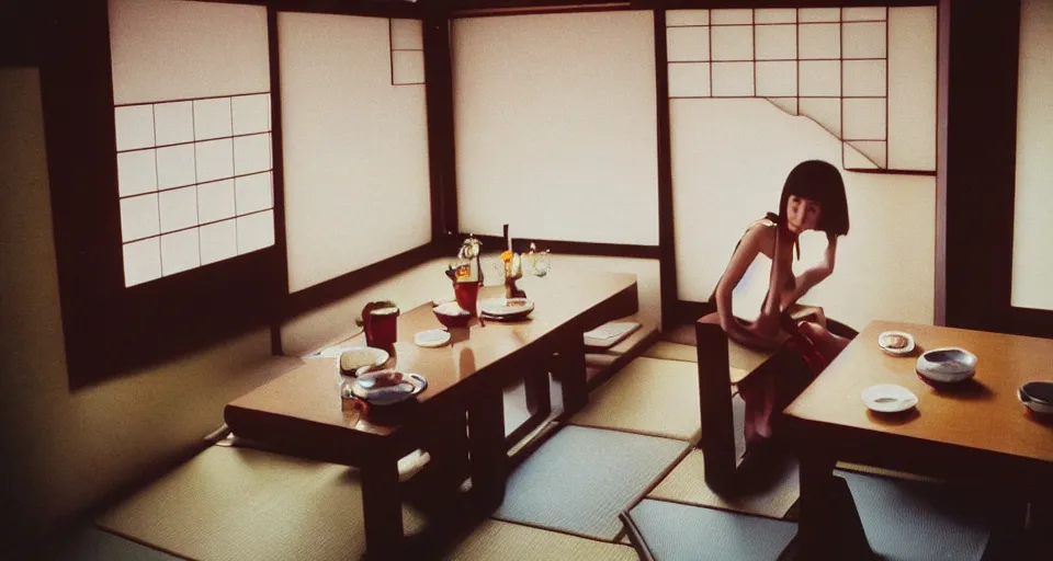 Prompt: 90's Japanese Professional Color Photography, Nikon, A girl in the dining room. Summer