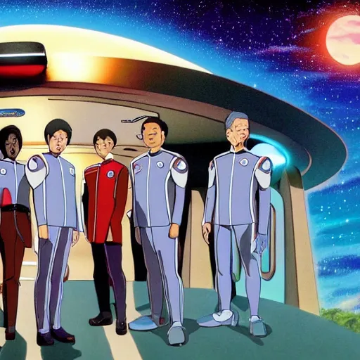 Prompt: Cast of The Orville on the bridge, studio ghibli