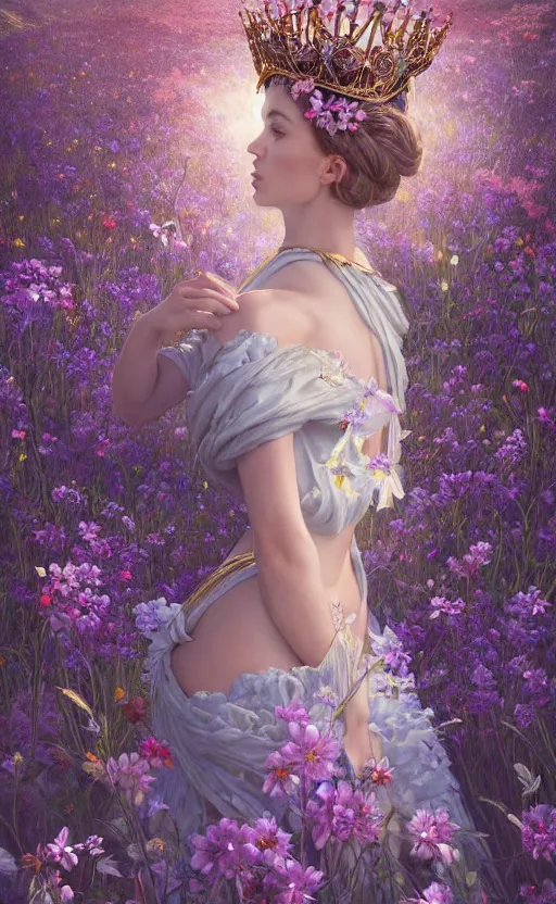 Image similar to A beautiful fantasy magician, highly detailed full body, amazing flower tiara, wearing aristocrat robe, delicate figure, field of flowers, epic composition, ultra wide-shot, dynamic pose, concept art, beautifully lit, digital painting, smooth, character design, sharp focus, elegant, intricate, trending on artstation, by WLOP and James Jean and Victo Ngai