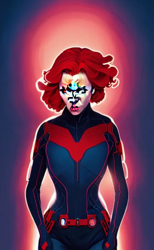 Image similar to rafeal albuquerque comic art, joshua middleton comic art, artgerm, cinematics lighting, night time, pretty scarlett johansson black widow, big smirk, symmetrical face, symmetrical eyes, long red hair, full symmetrical body, flying in the air, jumping off rooftop