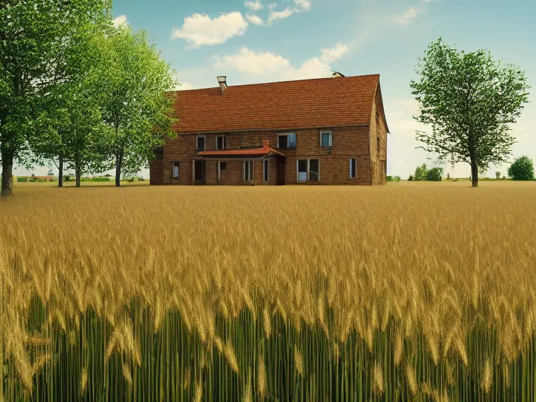 Prompt: hyperrealism concept art design of beautiful house in small ukrainian village, wheat field behind the house