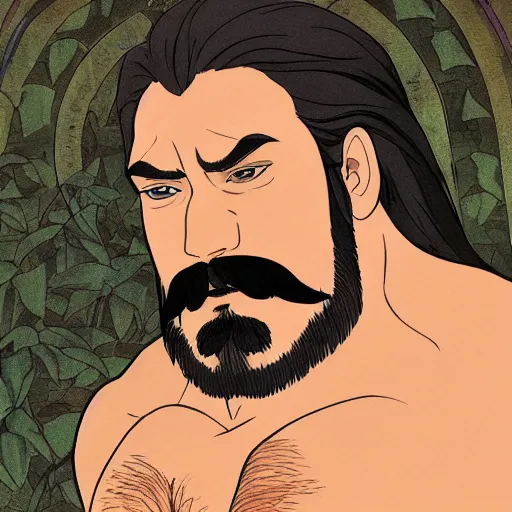 Image similar to a middle - aged man with bulk muscles and black hair consists of an unruly, mostly swept - back mane and waist - length fu manchu mustache and spiked goatee, path traced, highly detailed, high quality, digital painting, by studio ghibli and alphonse mucha, leesha hannigan, hidari, disney