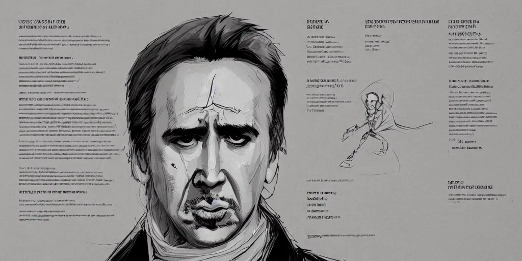 Image similar to nicholas cage, character sheet, concept design, contrast, kim jung gi, greg rutkowski, zabrocki, karlkka, jayison devadas, trending on artstation, 8 k, ultra wide angle, pincushion lens effect