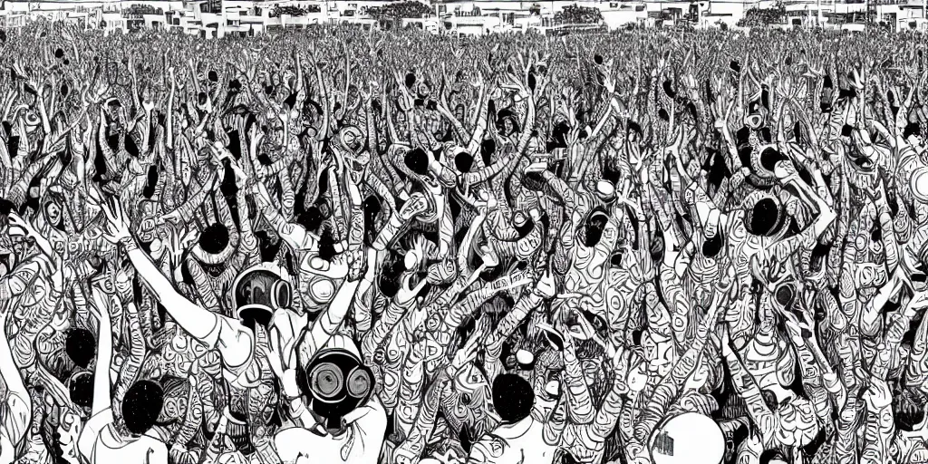 Prompt: intricate detailed artwork of a futuristic dj black coffee playing in Ibiza in front of thousands of beautiful female women dancing , in the style of Geof Darrow, no hair, sunglasses, beard, wires, big speakers, neon