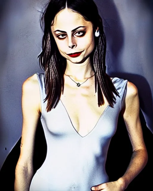 Image similar to style of john howe : : gorgeous willa holland : : evil witch, swirling black magic, black dress : : symmetrical face, symmetrical eyes : : full body pose : : gorgeous black hair : : magic lighting, low spacial lighting : :