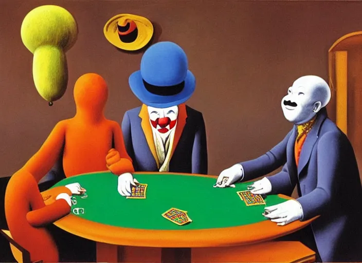 Prompt: The Clown Frog King gets completely wiped out in a game of poker, painting by René Magritte and Robert Crumb and Ralph McQuarrie