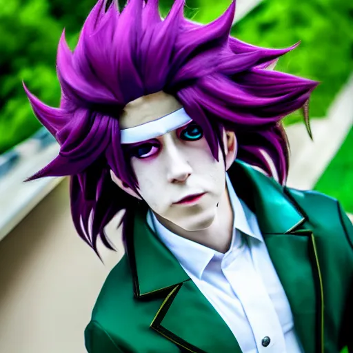 Prompt: cosplay of noriaki kakyoin from jojo's bizarre adventure, photograph, hd, 4 k