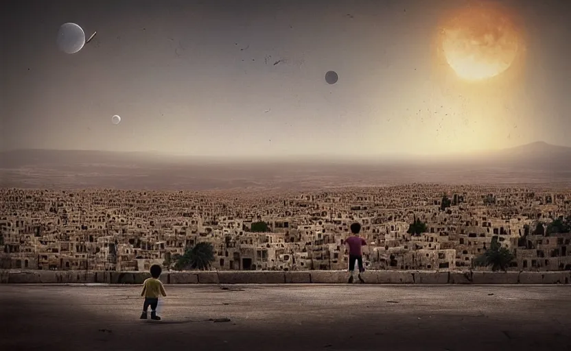 Image similar to “little boy figure lost (in the middle of the scene), epic view of Hummus in Syria in destruction, evening time clear sky, sad atmosphere, ruins, heartbreaking landscape, hyperdetailed, hyperrealism, trending on artstation, award winning photograph, photograph taken by Margaret Bourke-White, photorealistic, 8k, concept art, cinematographic, uhd, epic lighting”