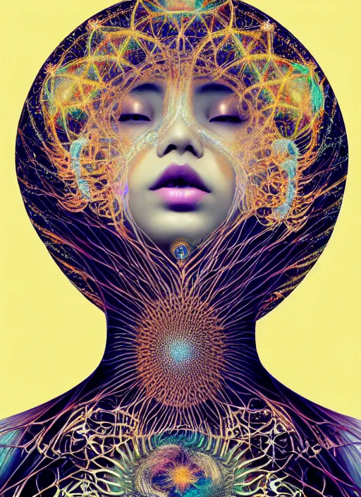 Prompt: ridiculously beautiful young asian woman tripping, fractals radiating from head with sacred geometry, cosmic, natural, awakening, symmetrical, in the style of ernst haeckel, effervescent, warm, photo realistic, epic and cinematic
