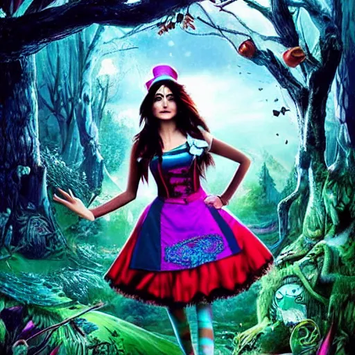 Image similar to anushka sharma as alice in wonderland. comic book style. gothic. forest background. hyperrealistic. artist android jones.