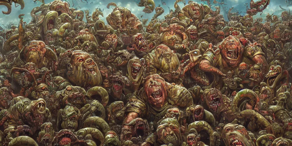 Image similar to portrait of vladimir putin's face eating worms, on background army of zobies, by ralph horsley, photorealistic, hyperdetailed