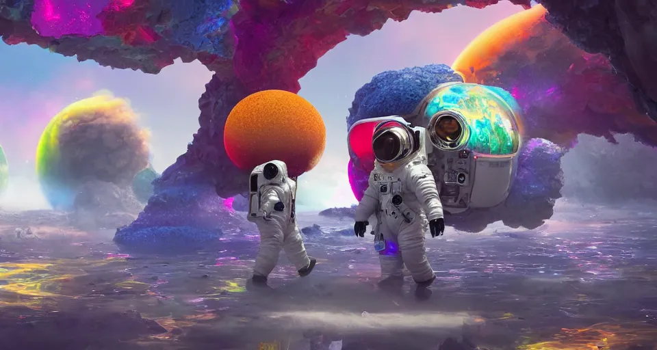 Prompt: 2 astronauts in a colorful fantasy land, stunning photo, cinematic lighting, perfect, 8K, ultra-detailed , Trending on artstation, Octane render, Digital Art, highly detailed,