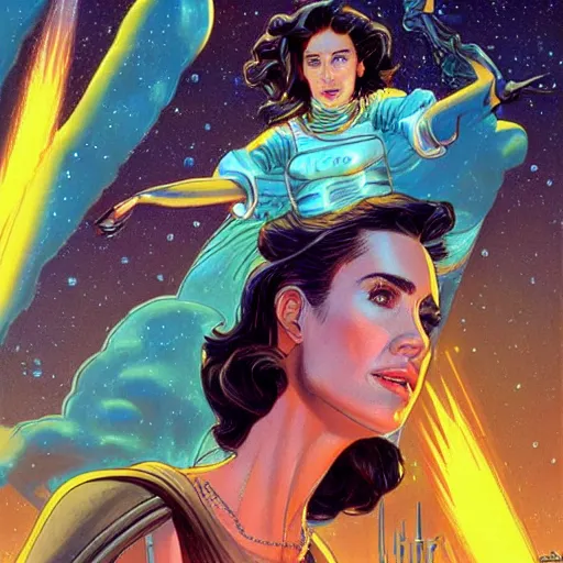 Prompt: Beautiful Jennifer Connelly as a badass space wizard in retro science fiction cover by Moebius, detailed, trending on artstation, close up