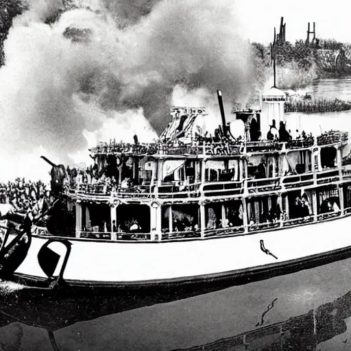 Prompt: steamboat willie sinking the mark twain riverboat at disneyland after crashing into a canoe. there are no survivors. highly detailed, high definition, ultra realistic