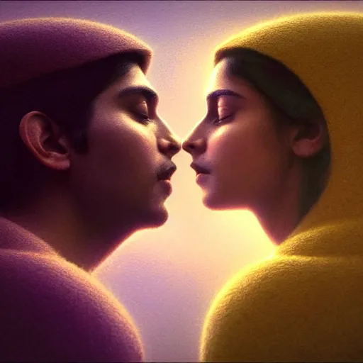 Prompt: perfectly - centered movie promotional poster portrait - photograph of a young indian guy and a beautiful girl side profile faces symmetrical ; real life portrait by beksinski and jean delville, romantic theme of two lovers sharing one heart, unreal engine 5, photorealism, hd quality, 8 k resolution, cinema 4 d, hdr dramatic cinematic lighting