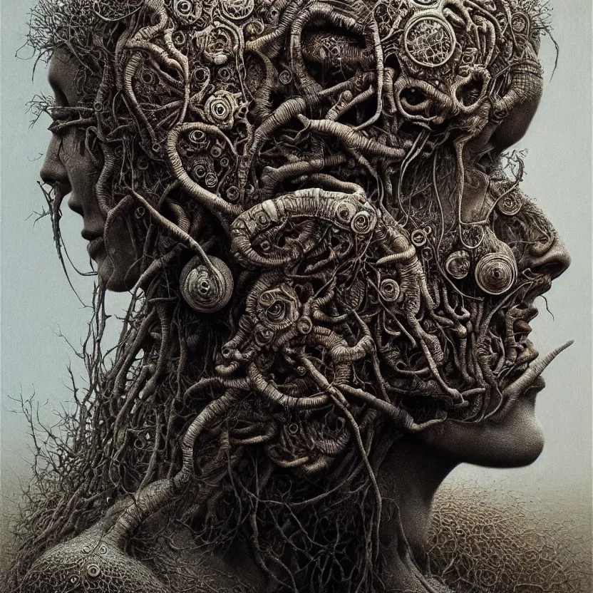 Image similar to ultra realist intricate detailed portrait of a single rugged attractive female, insanity accurate features, apocalyptic, very intricate details, 8 k resolution, dim lighting, artstyle zdzisław beksinski and keith thompson, award winning