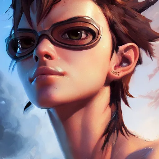 Image similar to portait of tracer in a bikini, hyperdetailed, intricate, very beautiful face, pretty face, very detailed eyes, by greg rutkowski, wlop, unreal engine 5, trending on artstation
