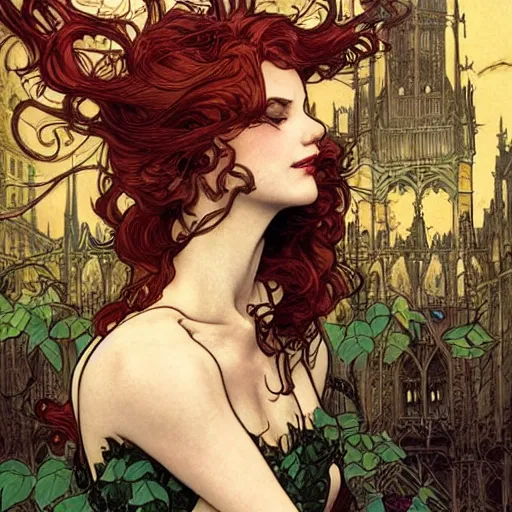 Prompt: a beautiful and detailed magic the gathering card of a seductive poison ivy dressed as a lawyer in the big city, dark eyeliner, intricate, elegant, highly detailed, digital painting, artstation, concept art, matte, sharp focus, illustration, art by rebecca guay and by arthur rackham and by alphonse mucha and by john william waterhouse