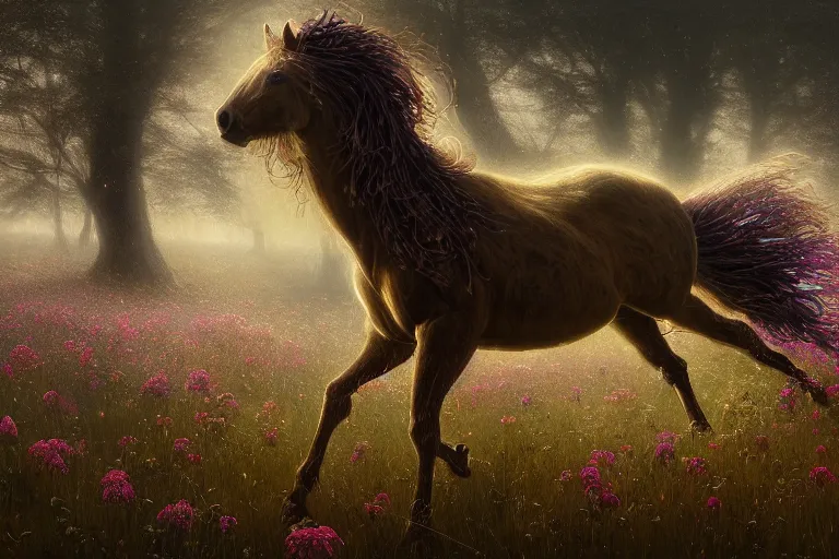 Image similar to a stunning digital painting of a horse made of instricately engraved gnarled wood with a mane of bioluminescent flowers running through a field of flowers by greg rutkowski, flowercore, volumetric light, digital art, fine detail, photorealistic