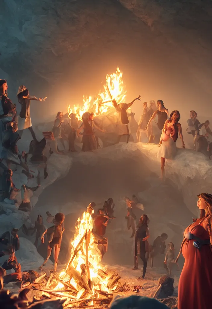 Image similar to epic leader pregnant woman talking to all her tribe around a bonfire, proud people looking at the pregnant woman, ice cave, facinating, fantasy digital art, octane render, beautiful composition, trending on artstation, coherent, masterpiece, photorealistic