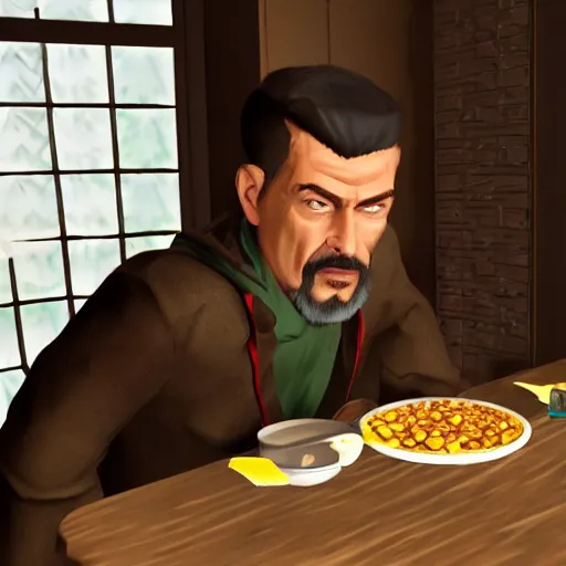 Prompt: jc denton from deus ex videogame eats cereal at a table near liberty island, highly detailed, 4 k, hd