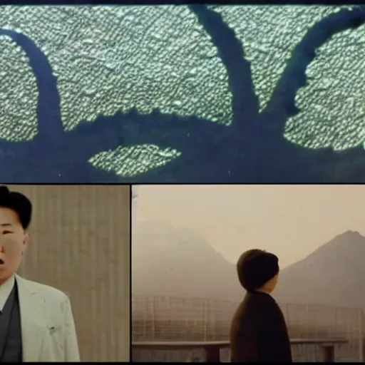 Prompt: a film still of a north korean monster movie, kaiju - eiga monster starfish, film noir, video compression, ripple effect