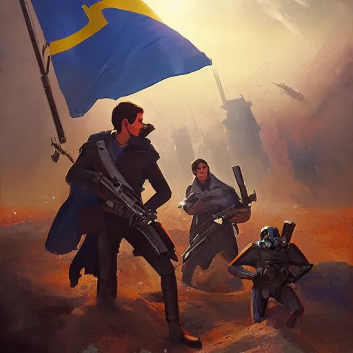 Image similar to In the Star Wars universe, rebels with Ukrainian flags are holding back the attacks of invaders with Russian flags by Greg Rutkowski