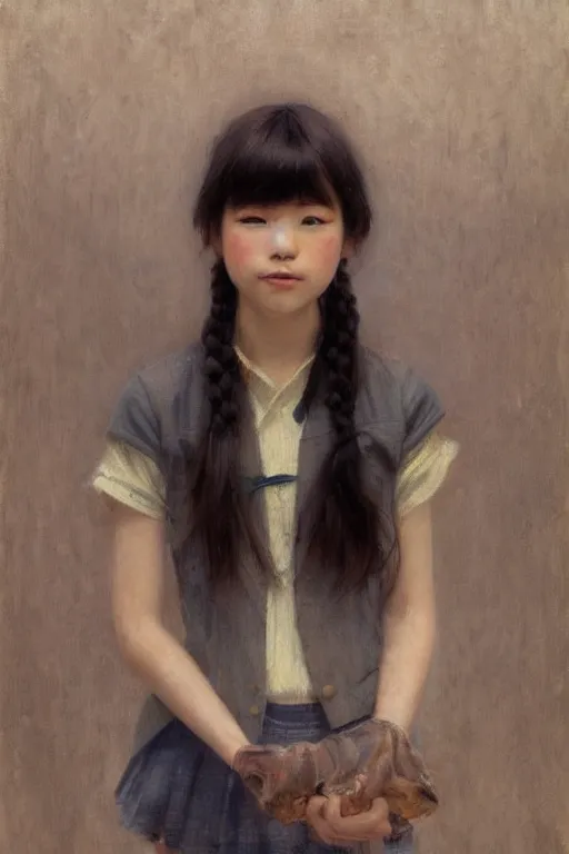 Image similar to japanese schoolgirl by Alyssa Monks, Gaston Bussiere. Bob hairstyle, school uniform, full body, urban dystopia, hyper realism, realistic proportions, artstation, concept art, smooth, sharp focus, illustration