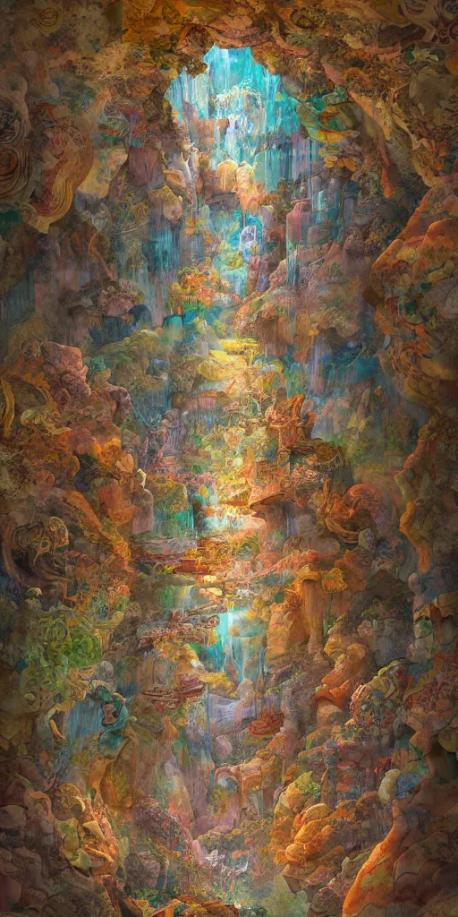 Prompt: longmen grottoes, stained glass, kim keever, peter mohrbacher, fred tomaselli, victo ngai, roger dean